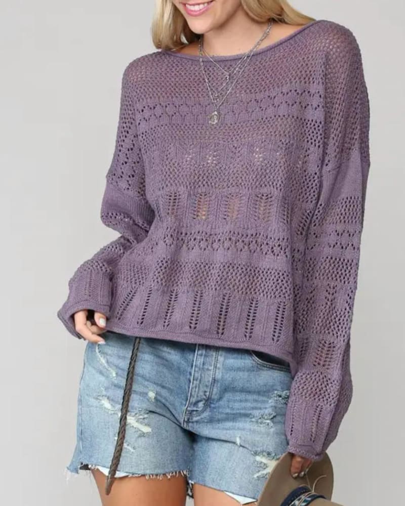 Front of a model wearing a size L Open-Knit Cotton-Blend Sweater in Purple in Purple by Bestto. | dia_product_style_image_id:334334
